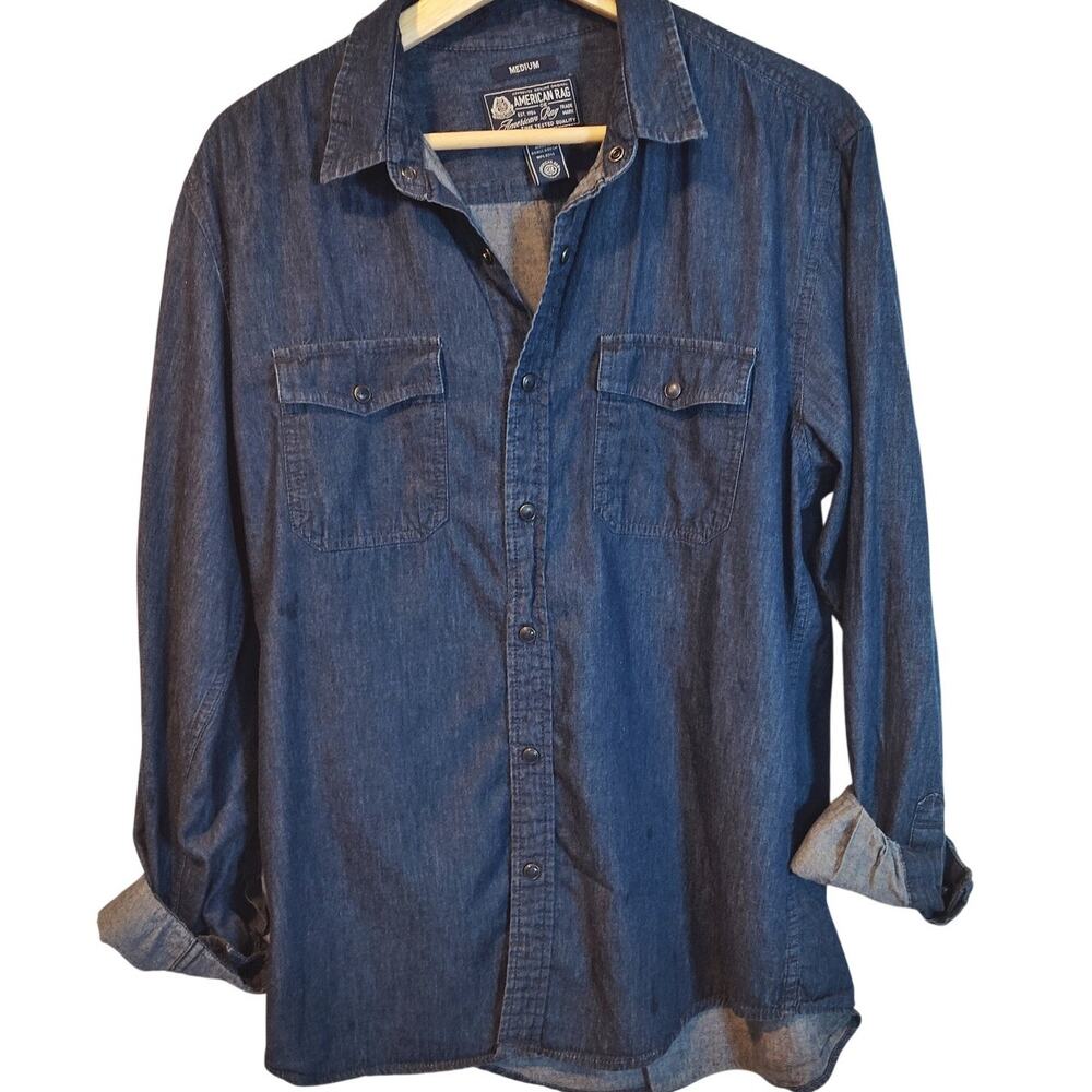 American Rag Chambray Button Down Shirt Medium 100% Cotton Denim